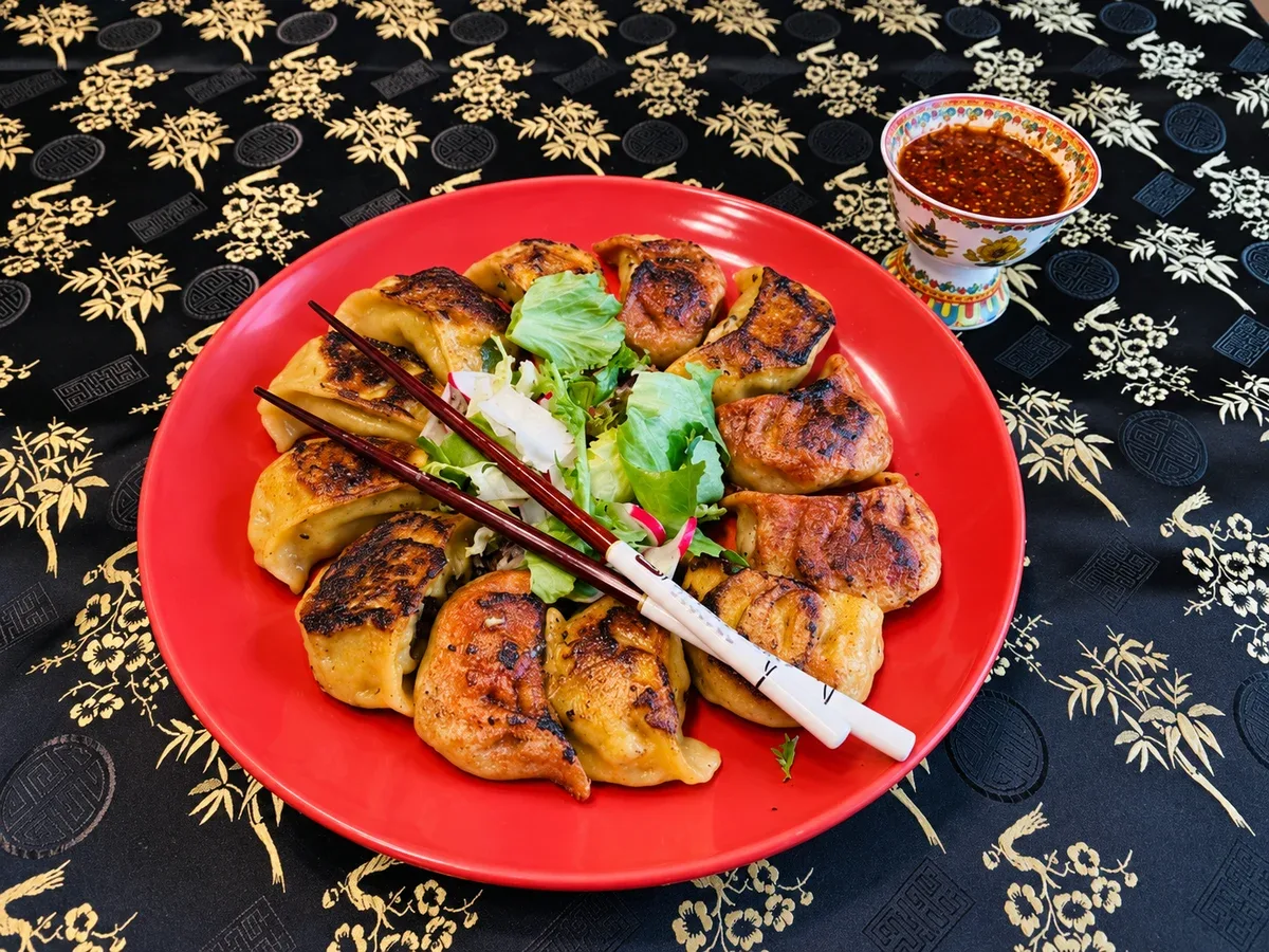 Gebratene Momos auf einem roten Teller mit Salat und Sauce